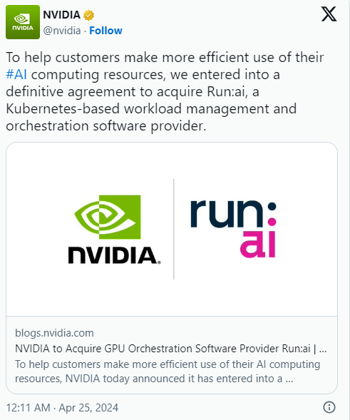 英伟达收购Run:ai强化AI芯片效率 英伟达收购Run:ai强化AI芯片效率