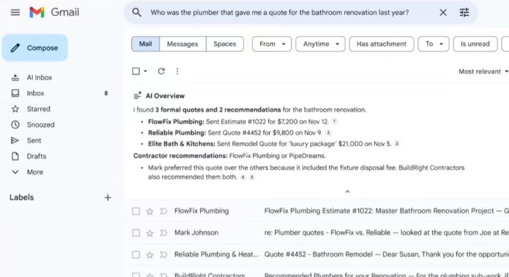 929b03edj00t8p7ok001gd000rt00f5p 谷歌将 Gemini AI 助理引入 Gmail,可提供对话摘要、问答等功能