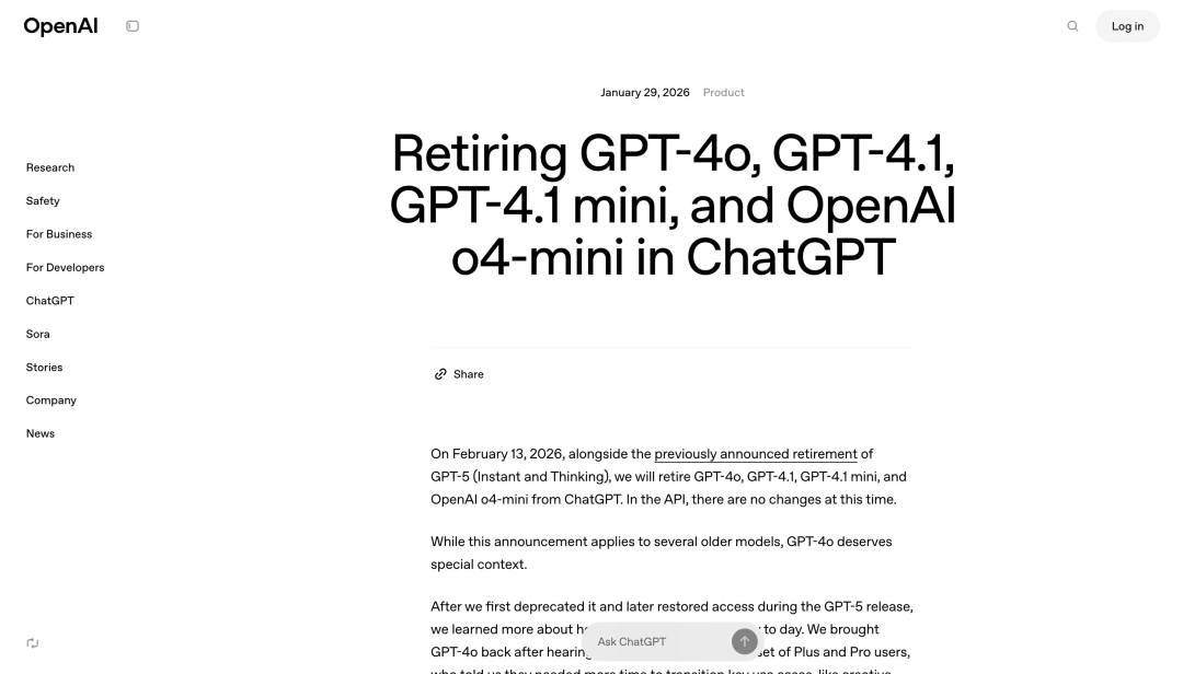 OpenAI 宣布下月退役 GPT‑4o,多款旧模型将同步下线 OpenAI 宣布下月退役 GPT‑4o,多款旧模型将同步下线